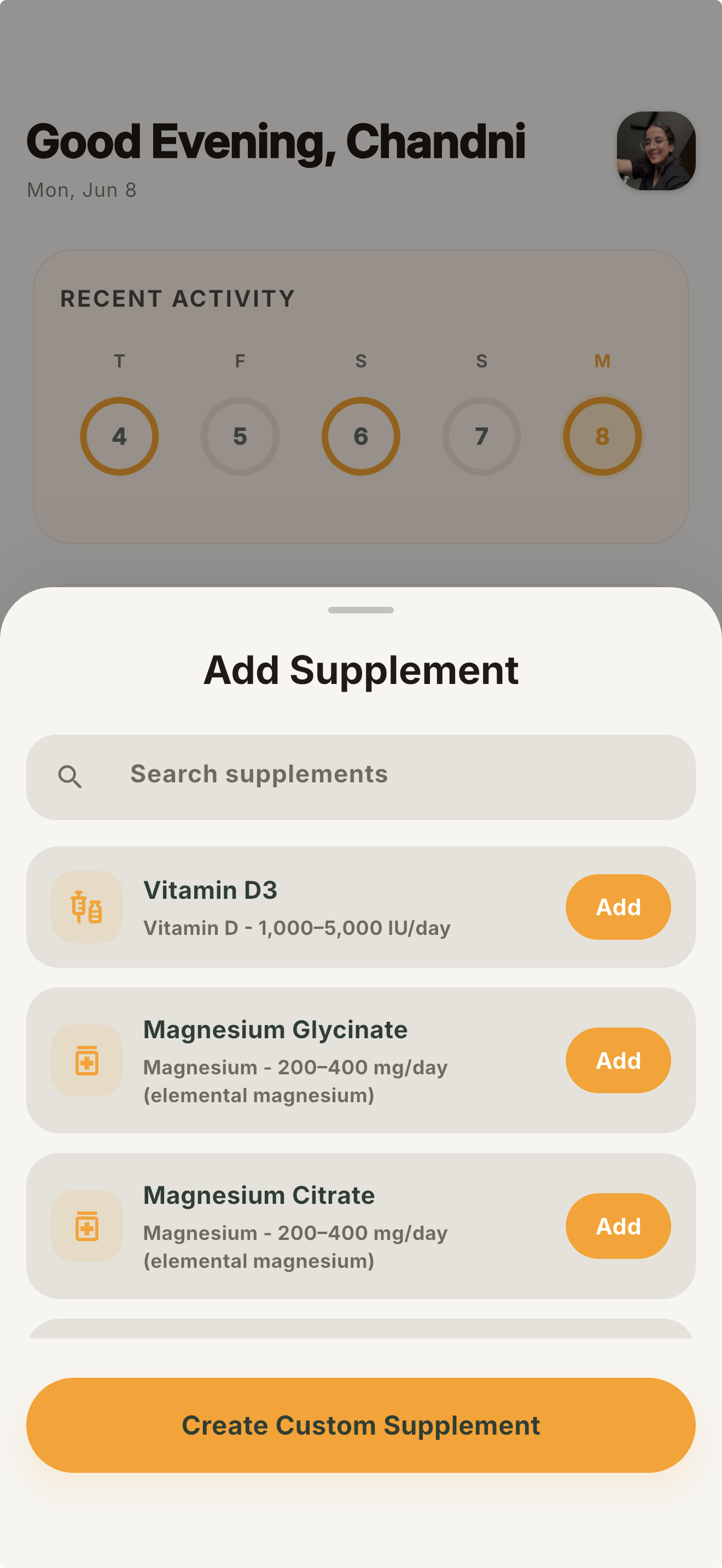 Supplement Companion app screen.